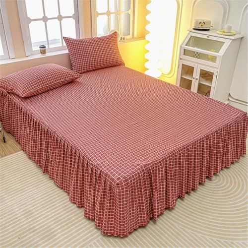 Highdi Betthusse Bettrock Bettvolant, Elastische Bettwäsche mit Rüschen, Rüschen Bettwäsche mit Plattform, Karierter Bed Skirt Bettrock Umwickeln mit Elastischem Gürtel (180x200cm,Rot)