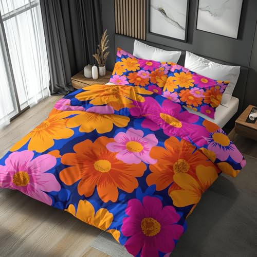 Generisch Bunte Blumen Bettwäsche 135x200 Bügelfreie - Retro Style Muster, Renforce Wendebettwäsche Bettbezug 2er Set Cozy Mikrofaser Mit Reißverschluss, 1 Kissenbezug, Geschenk Bunte Blumen, LS7212