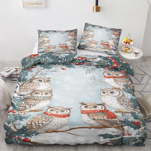 Maohryzed Winterweihnachten Bettwäsche 135x200 2teilig, Soft Süße Eule Bettbezug, Warme Winter Bettwäsche-Sets, Microfaser Wendebettwäsche mit Reißverschluss und 1 Kissenbezüge 80x80 cm