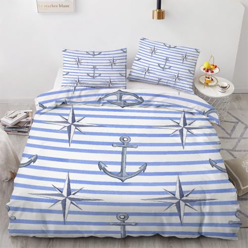 Tovast 3D Anker Bettwäsche 135x200cm 2teilig Weich Mikrofaser Wendebettwäsche Maritime Bettbezüge Set mit ReißVerschluss Wendebettbezug mit Kissenbezüge 80x80(Image 1-12)