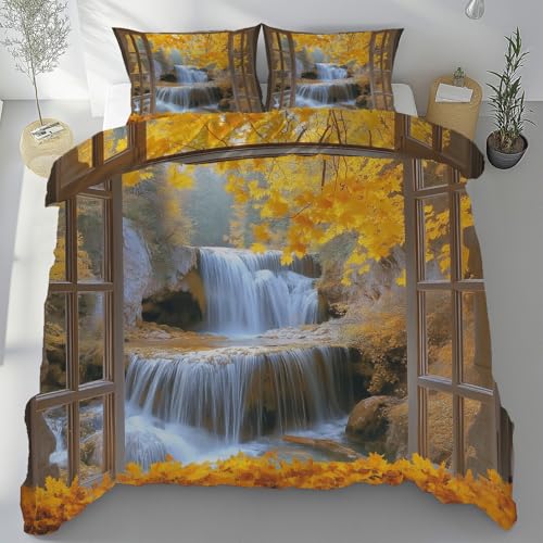 Sshjfeu Herbst Landschaft Bettwäsche 140x200 3 Teilig Microfaser Weich, Ahornblatt Wasserfall Bettwäsche-Sets mit 2 Kissenbezug 80x80cm, Landhausstil Bettdeckenbezug Set mit Reißverschluss