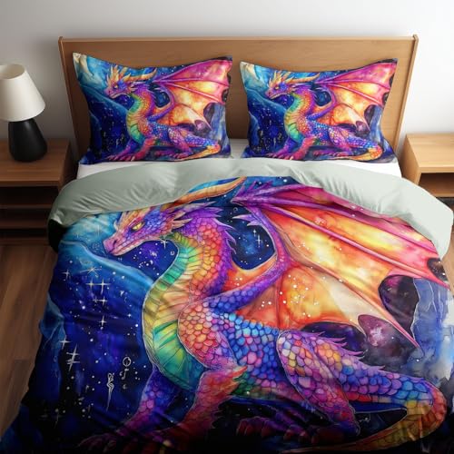 Bettwäsche-Set mit Fantasy Kunst Orientalischer Drache Drucken, Beigegrün Bettbezug mit Kissenbezug, 200 x 200 cm Bettdeckenbezug mit Reißverschluss, für Mädchen, Teenager und Erwachsene