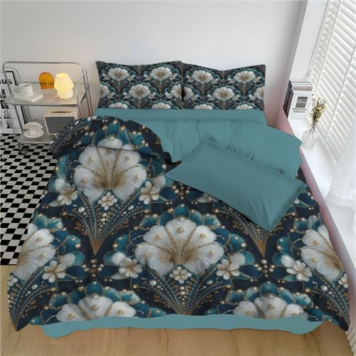 Bettwäsche 135×200 cm 2teilig Elegante Fächerförmige Blüten Weiß Und Blau Bettwäsche 100% Microfaser Art-Deco-Stil Bettbezug mit Reißverschluss und Kissenbezug 80x80cm