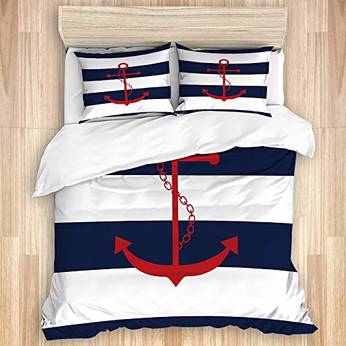 KASMILN Bettwäsche Set,Roter Anker nautischdruck auf Marine Blau und Weiß Streifen,1 Bettbezug 135x200cm+2 Kopfkissenbezug 50x80cm