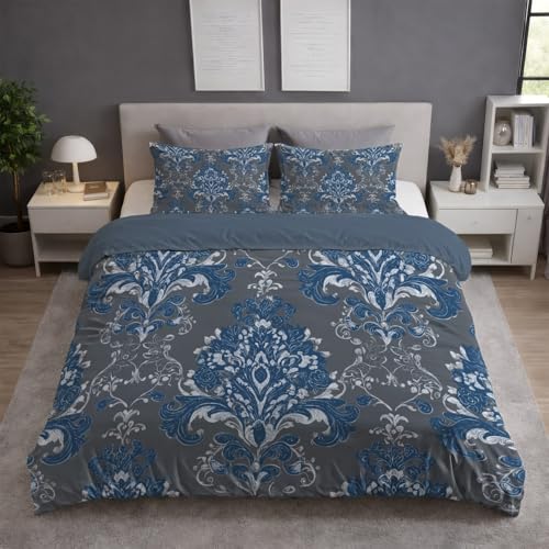 Generisch Bettwäsche 135x200 2teilig - Mikrofaser Bettbezug 135x200 cm mit 1 Kissenbezug 80x80 cm, Wendebettwäsche, ultraweich und hautfreundlich, Blau, Vintage Elegant Blumen