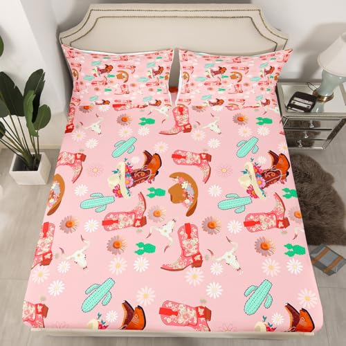 Western Cowgirl Spannbettlaken M Größe,Rosa Diasy Floral Bettwäsche Bettwäsche,Kaktus Pferd Stiefel Bettlaken,Kinder Mädchen Frauen Dekor,Rustikale Bauernhaus Südwest Tiefe Tasche Blatt,1 Kissenbezug