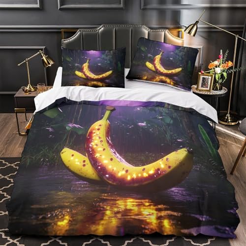 GUYDZOOM leuchtende Banane 3D Bedruckt Deckenbezug 3teilig Mikrofaser maschinenwaschbar Fantasy-Dschungelszene Bettbezug 2 Kissenbezüge farbbeständig Erwachsene Paare Single (135x200cm)