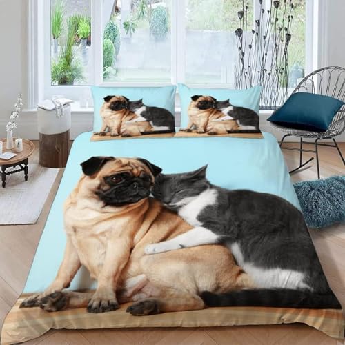 TACOKI Bettwäsche 135x200 Mops, 3D Muster Hunde und Katzen Bettwäsche Set Weich Kuschelig Mikrofaser Bettbezug mit Reißverschluss Bettbezüge + 2 Kissenbezug 80x80 cm c1645