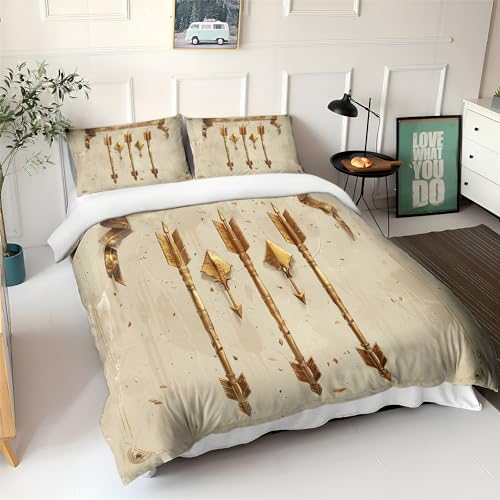 Srigzcaly Bettwäsche-Set Goldenes Pfeil- Und Bogenmuster Print Musterdesign mit Reißverschluss, Beige Bettbezug Set Microfaser 135x200 cm Modern Schlafzimmer Dekor Baumwolle Bettwäsche