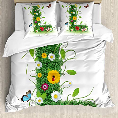 ABAKUHAUS Buchstabe L Bettbezugs Set Für Doppelbetten, Blumen-Themed Bild L, Milbensicher Allergiker geeignet mit Kissenbezügen, grün Multicolor
