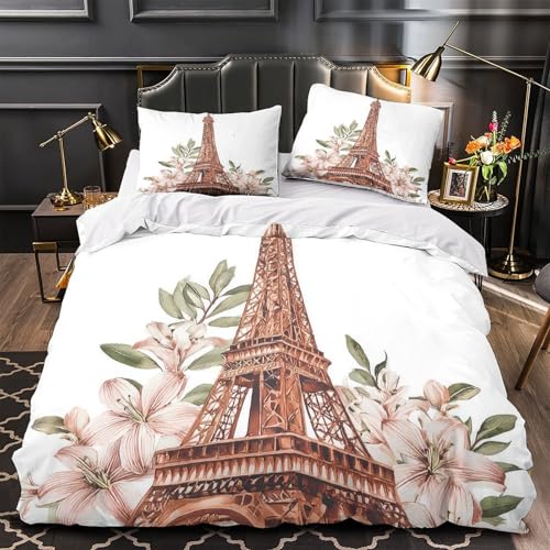 Elegant Beauty Gifts Pflegeleicht 3D-gedruckter dreiteiliger Bettwäsche-Set Zip Verschluss Atmungsaktiv Paris Chic Life Bettdeckenbezug for Jungen,Teen Jungen,Frauen,Teenager Single?140x200cm?