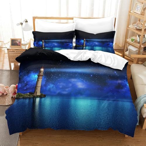 MXRMXR Leuchtturm bei Nacht—Maritimer Küstenstil Bettwäsche-Set Mikrofaser Bettbezug & Kissenbezüge Für Kinder, Erwachsene & Teenager, Bettgarnitur Double?200x200cm?