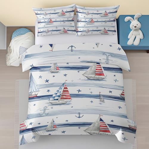 Generisch Nautische Segelboot Bettwäsche 180x200 cm, Anker Sterne Bettwäsche Set 3 Teilig, Boot Schiff Streifen Weiche Mikrofaser Deckenbezug mit Reißverschluss aus 2 Kissenbezüge 80x80 cm