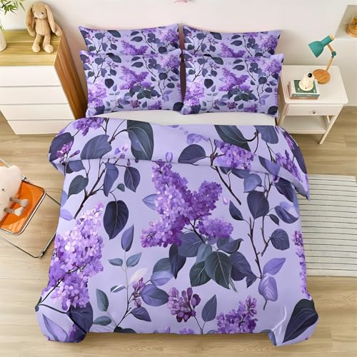 Generisch Bettwäsche 135x200 Flieder Wende Motiv 3tlg, Schlafzimmer Deko, Grüne Blätter Bettbezug und 2 Kissenbezug 80x80, Weiche Mikrofaser Deckenbezug mit Reißverschluss GH512