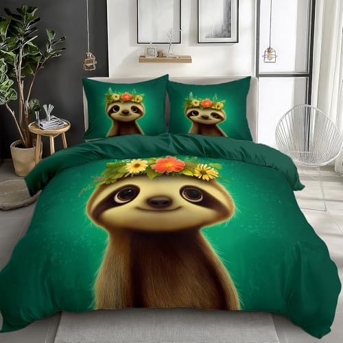 CozyRest Cartoon-Faultier Tier Kinderbettwäsche 100 x 135 cm 2 teilig Hypoallergen Bettbezug, Bettwäsche Set Bettdeckenbezug mit Reißverschluss mit 1Stk Kissenbezüge 40x60cm, Türkis