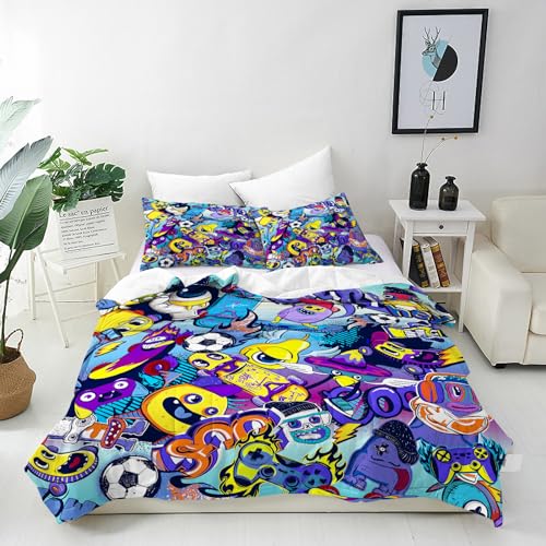 ANHOPE Bunte Monster Graffiti Bettwäsche Set 2 Teilig Bettbezug 135x200 cm + Kissenbezug 80x80 cm Weich Microfaser Bettbezüge mit Reißverschluss Bettdeckenbezug Set für Kinder Jungen Mädchen