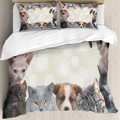 MJNLYDAO Sleeptime 100% Baumwolle Bettwäsche - Bettbezüge mit Reißverschluss - Set mit 2 Kissenbezüge,Viele Hunde und Katzen. Platz für Text,200x228 cm