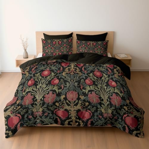 Bettwäsche 200 x 200 cm Mikrofaser Bettbezug, Elegante Romantische Granatapfel Blume Wende-Bettwäsche-Set, Bettbezug und 2 x Kissenbezüge Atmungsaktiv Maschinenwaschbar, Dunkelbraun