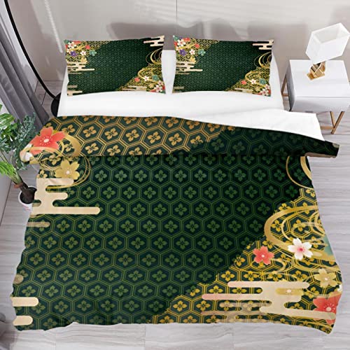 Bettwäsche-Set mit japanischem Muster, Doppelbettgröße, weiche Tencel-Steppdecke mit Reißverschluss, pflegeleicht, 3-teilig (1 Bettbezug + 2 Kissenbezüge)