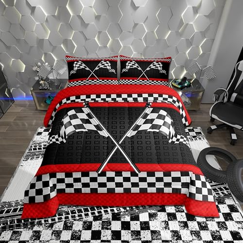 Castle Fairy Bettwäsche-Set mit Rennwagen-Motiv, Doppelbett, schwarz-weiß, karierte Flagge, für Kinder, Jungen, Herren, rote Streifen, geometrisches Raster, kariert, gestepptes Bettwäsche-Set mit 1
