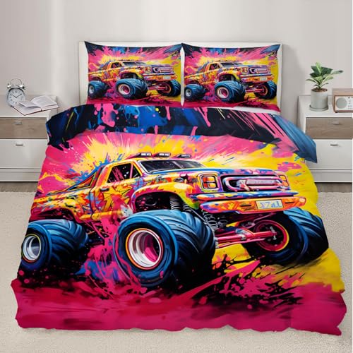 Monster-Trucks-Bettwäsch e-Set für King-Size-Betten, buntes Autos, 3-teiliges Bettwäsche-Set mit Straßenkunstdruck, für Teenager, Kinder, Jungen, Mädchen (King-Size)