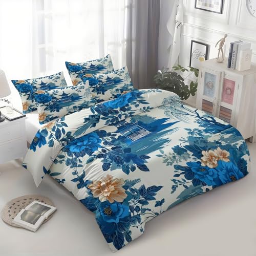 Bettwäsche 135x200 cm Orientalisch Klassisch Garten Blumen Blau 3D Bedruckte Bettbezug Einfache Pflege 3-Teiliges Bettwäsche Set Polyester Baumwolle mit Reißverschluss und 2 Kissenbezug