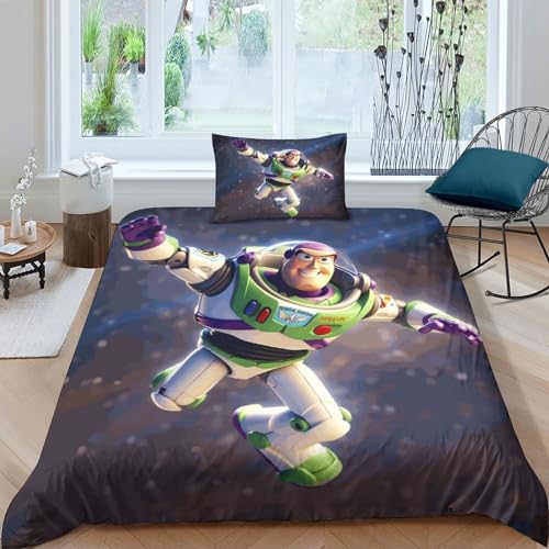 HITBOD Buzz Lightyear Bettwäsche Set 3D Drucken Sanft Mikrofaser Toy Story Bettbezug Set Mit Reißverschluss Und Kissenbezug 3teilig Geeignet Single?135x200cm?