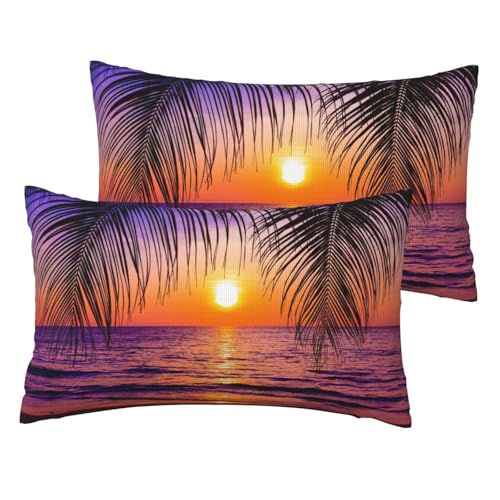 Cchgkpd Sunset Ocean mit tropischen Palmen, Twilight Scenery Print, Leinenimitat, 2-teiliges bedrucktes Bettwäsche-Set für eine moderne Wohnkultur