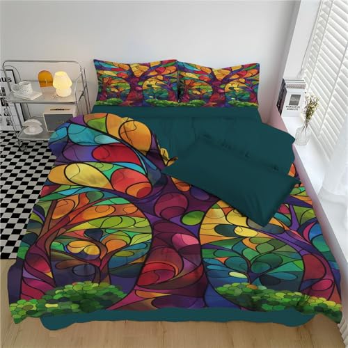 Bettwäsche 200*200cm Leuchtende Farben Buntglasstil Bettbezug Set 3 Teilig Fantasievoller bunter Baum Blümchen Blumenmuster Weich Bettwäsche-Sets mit 2 Kissenbezüge 80x80 cm und Reißverschluss