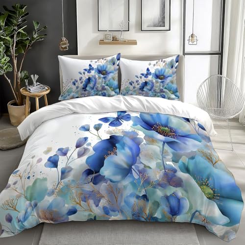 Bettwäsche 180 x 200 cm - Wendebettwäsche Bedding Aquarell Blumen Insekt Schmetterling Weiß Muster mit Reißverschluss Bettwäsche, 100% Mikrofaser Weich und Bügelfrei