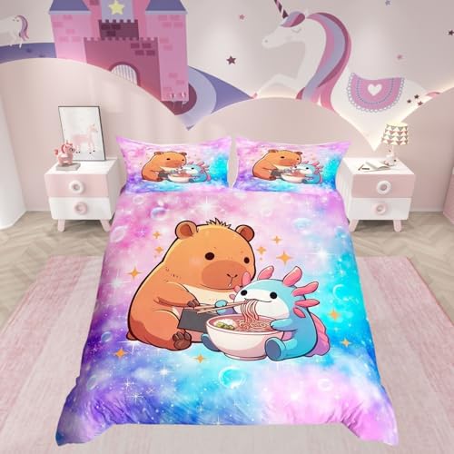 Homewish Cartoon-Capybara-Bettwäs che-Set für Kinder, Mädchen, Einzelbett, 1 Kissenbezug, niedliches Axolotl-Tierdruck-Bettwä sche-Set, rosa-blauer Farbverlauf, Galaxie-Bettwäsche-Sets mit bunten