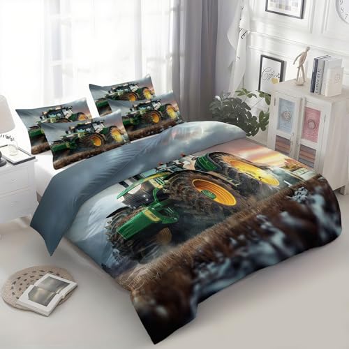 Quixora Bettwäsche-Set Grüner Traktor, Atmungsaktive Hypoallergen Kopfkissenbezug Bettbezug mit Reißverschluss Schließung, Bettdeckenbezug für Kinder Erwachsener 155 x 220 cm