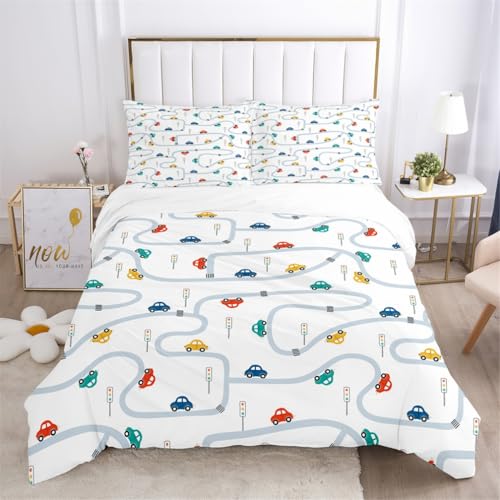 HNHDDZ Bettwäsche-Sets für Kinder Jungen und Mädchen Bettbezug-Sets Autos Cartoons Bagger Kran Feuerwehr Auto Regenbogen Einhorn Drucke Bettbezüge und Kissenbezüge (Stil 1, 155x220 cm)
