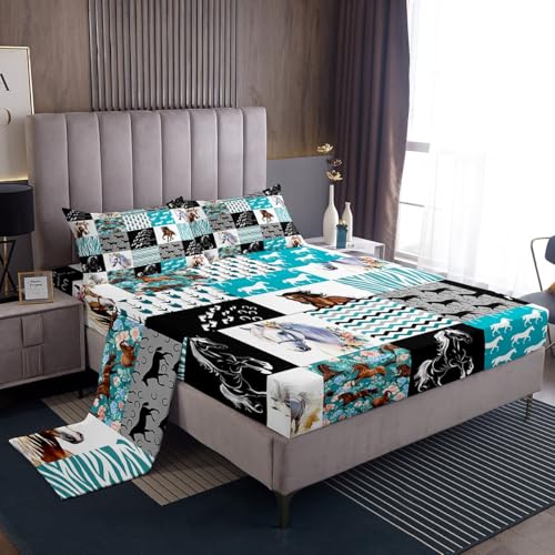 Pferde-Bettlaken-Set für Doppelbett, Western-Bauernhaus-Bettw sche für Mädchen, Boho-Pfeil, Blaugrün, Zebrastreifen, Bettwäsche für Teenager, Jungen, Frauen, Rosenblüte, rustikales