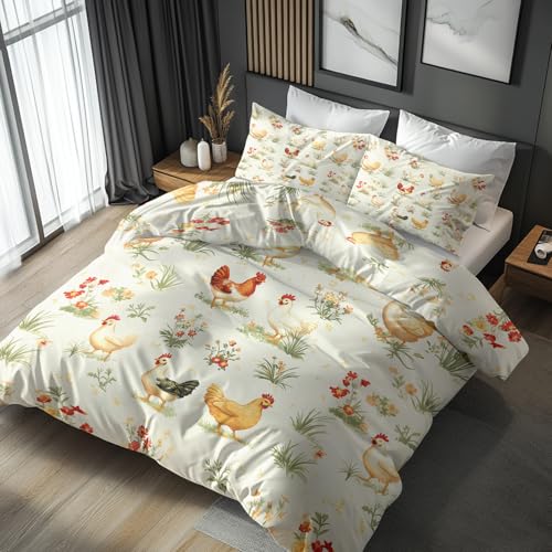 Generisch Bettwäsche 155x220 Hahn Wende Motiv 2tlg, Schlafzimmer Deko, Landhaus Huhn Blumen Rustikal Tiere Bettbezug und 1 Kissenbezug 80x80, Weiche Mikrofaser Deckenbezug mit Reißverschluss -g209