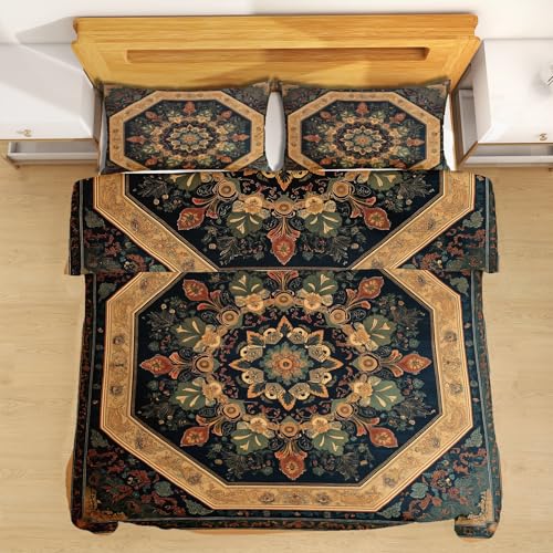 Tyafsgvqo Vintage Mandala Bettwäsche Set 200x200 cm, Orientalisch Blumen Medaillon Bettbezug Mikrofaser 3 Teilig, Indisch Boho Ethnisch Bettwäsche Bügelfrei, Wendebettwäsche mit 2 Kissenbezug 80x80