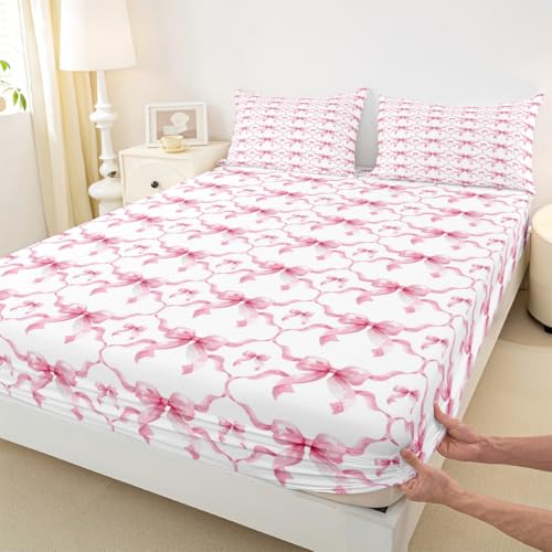 Pink Bow Fitted Sheet L Größe,Bowknot Grid Muster Bettwäsche Sets Mädchen Jungen Erwachsene Zimmer Dekor,Träumige Prinzessin Bettdecke Süße Schmetterling Krawatte Tiefe Taschenblatt,1 Kissenbezüge
