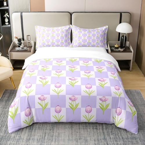 Homewish 100% Baumwolle Bettbezug Lila Tulpe Bettwäsche Set 220x240 für Mädchen Frühling Pflanzen Blumen Tröster Abdeckung für Kinder Jungen Violett Check Floral Bett Set Romantische Träumvolle Tulpe
