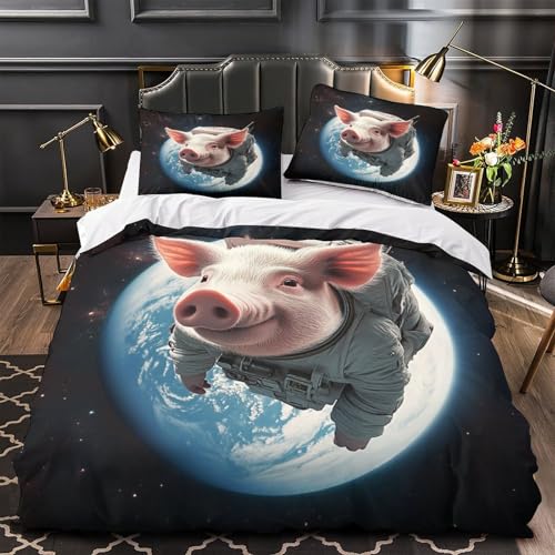WTORIMPEL Weltraumschwein-Astronaut 3D Bedruckt Bettbezug 3teilig Mikrofaser versteckter Reißverschluss skurriler Cartoon Deckenbezug 2 Kissenbezüge fleckenfest Kinder Mädchen Single?140x200cm?