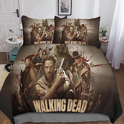 YINGD The Walking Dead Mikrofaser-Bettwäsche-Se t mit 3D-Druck, Bettbezug und Kissenbezügen, geeignet für Jungen und Mädchen, mit Reißverschluss, 3-teilig, Doppelbett, 140 x 200 cm