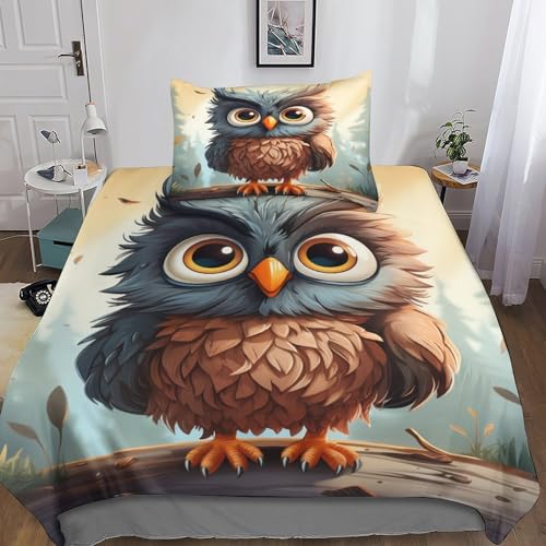 POCHY Eule Bettwäsche Set 3D Tier Bettbezug Set 2-teilig Mikrofaserbetten Set Mit Reißverschluss Kissenbezug Bettwäschegarnitur Für Teenager, Jungen, Mädchen Single?135x200cm?