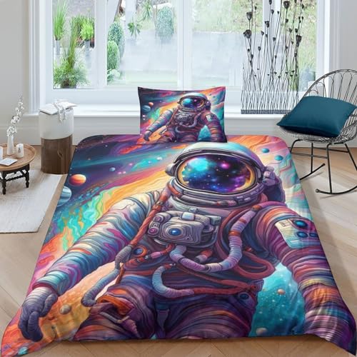 EVMILA AI 3D Gedruckter Colourful Astronaut Bettwäschegarnitur Bettbezug Für Mädchen Jungen Reissverschluss Weich Microfaser Kissenbezüge Bettwäsche 2 Teilig Single?135x200cm?