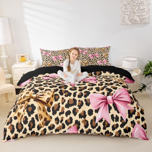 feelingyou Leopard Drucken Einbaublech M Größe Mädchen Prinzessin Rosa Bogen Bettdeckung 2pcs Gepardpelzdruck rosa gelb Bettwäsche Set für Kinder