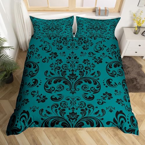 Homewish Schwarz Teal Damast Bettwäsche Set 135x200 Boho Gothic Floral Türkis Tröster Bezug Gothic Böhmische Exotische Bettbezug für Kinder Erwachsene Vintage Viktorianische Blumenbett Set