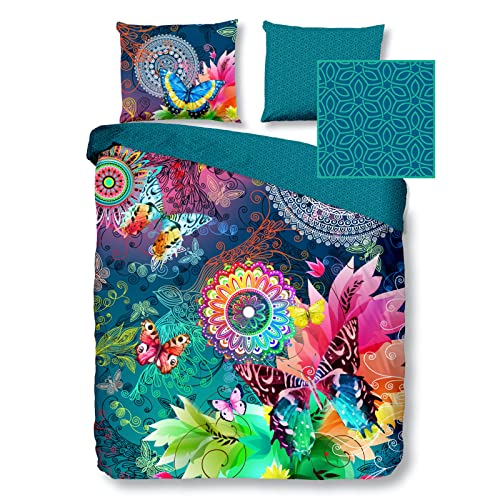 Hip Parada bettwäsche, grau mit farbigen Figuren und Schmetterlinge, 100% Baumwolle/Satin-135x200cm , Satin, Multi Colour, 200x135x0.5 cm