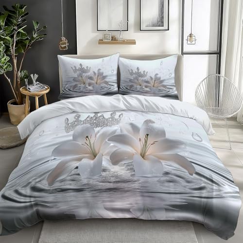 Generisch Silber Bettwäsche 135x200 cm Lilienweiß 3D-Druck Bettwäsche-Sets, Weich Mikrofaser Bettbezug 3-Teilig mit 2 Kissenbezüge 80x80 cm, Bettwäsche Set mit Reißverschluss