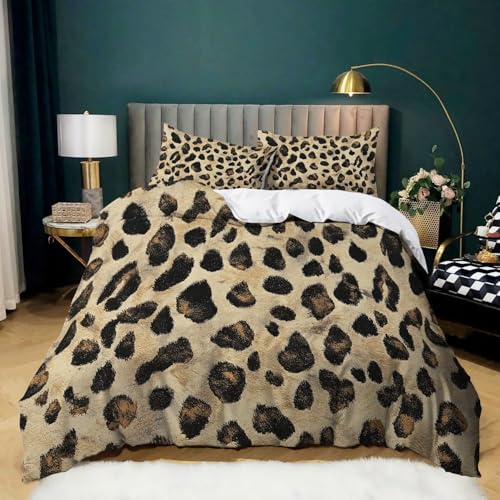 Bettwäsche Set 135 cm x 200 cm Tier Leopardenstruktur Beige Braunes, Bettwäsche-Sets 3 Teilig mit 2 Kissenbezug für Herbst, Bedruckte Microfaser Bettbezüge mit Reißverschluss