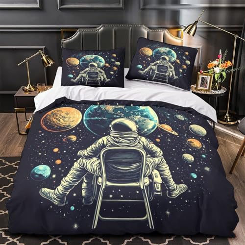 RWKAVZLOP Astronaut sitzt 3D Bedruckt Deckenbezug 3teilig Mikrofaser Abriebfest Weltraumabenteuer Bettdeckenbezug 2 Kissenbezüge pflegeleicht Familie Gäste Single (135x200cm)