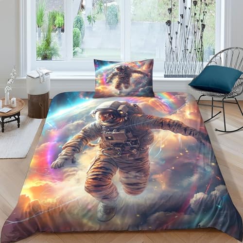 Bettbezug-Set Weltraum-Astronauten-Bett wäscheset, Bettbezug, Kinder-/Erwachsenen-Desig n, Dekoration für Kinder, Jungen und Mädchen, leichter Bettbezug aus Mikrofaser, Einzelbett (135 x 200 cm)