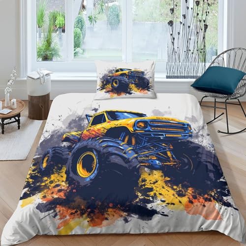 FSYQQASD Monster Truck Bettwäsche Set 3D Gedruckter Querfeldein Bettbezug 2 Teilig,bettwäsche Mikrofaser Bettbezug,mit Reißverschluss Und Kissenbezug,Weiche Bequemer Single?135x200cm?
